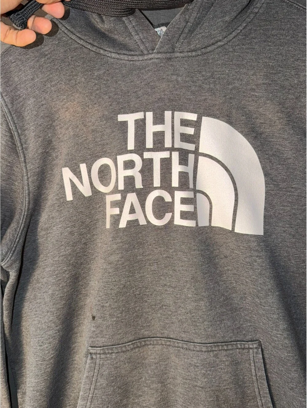 The North Face Hoodie Men’s Large Gray Pullover Sweatshirt Logo Spellout